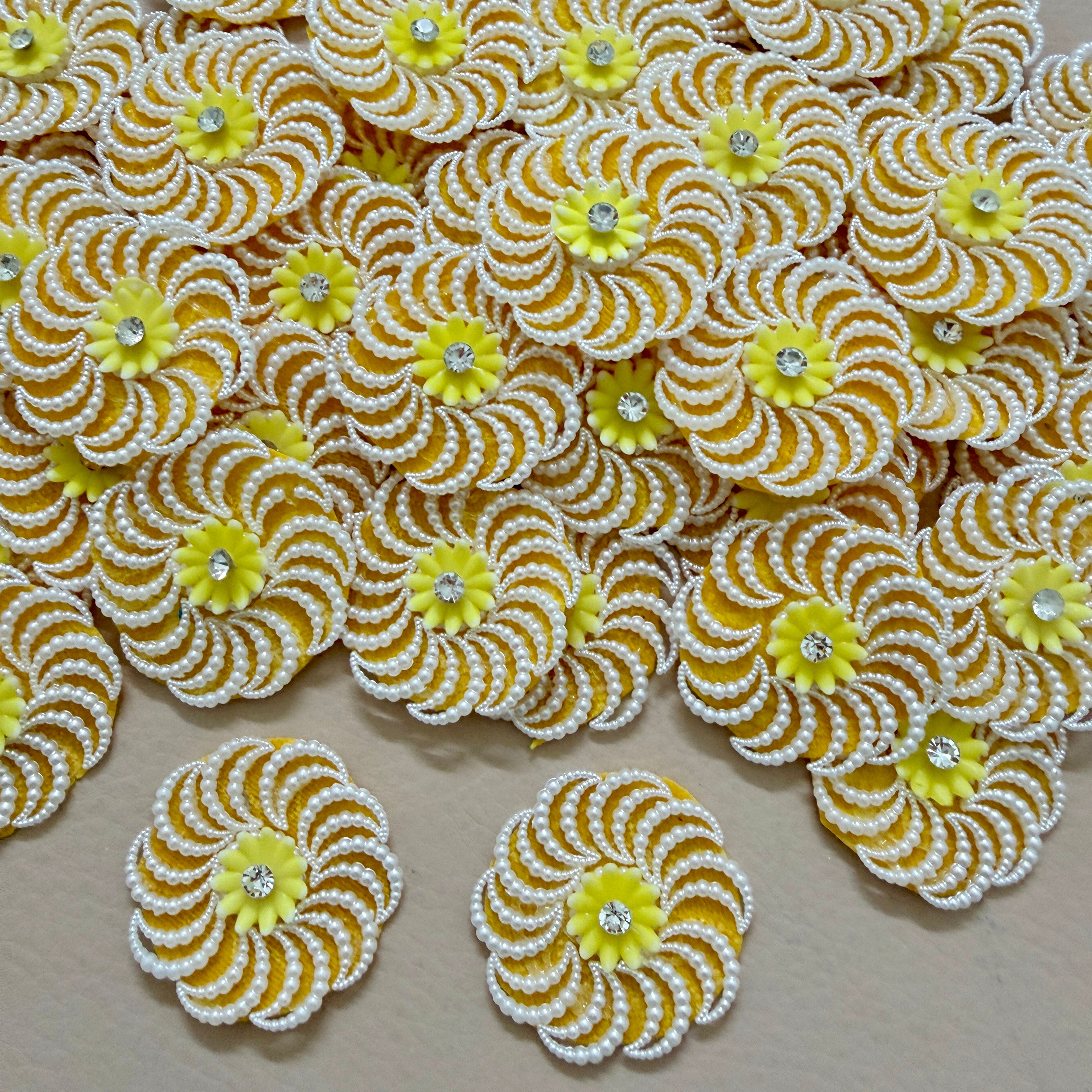 Sunflower Yellow Pearl Swirl Flower Appliques 4.5cm Craft Embellishments - Pack of 10