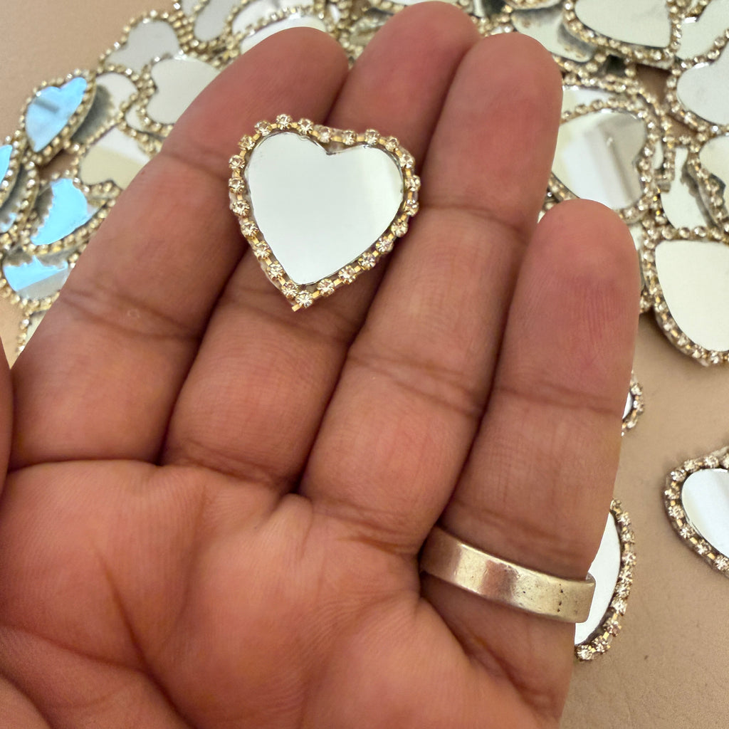 Heart Shaped Real Mirror Patches with Rhinestone Border - Pack of 25