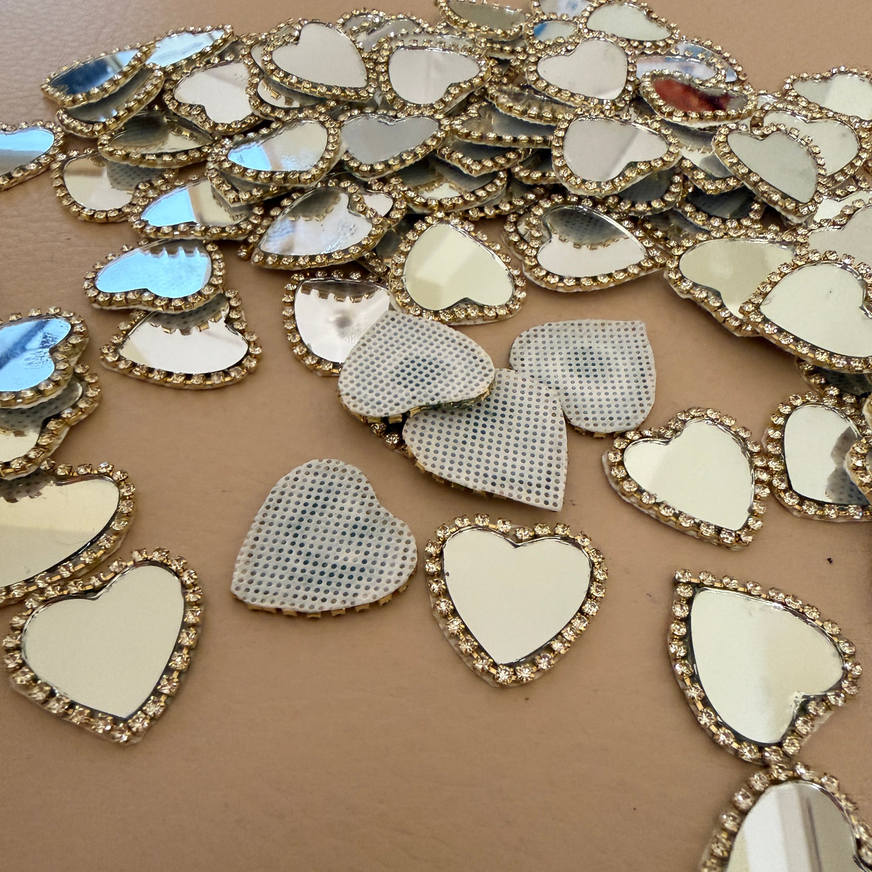 Heart Shaped Real Mirror Patches with Rhinestone Border - Pack of 25