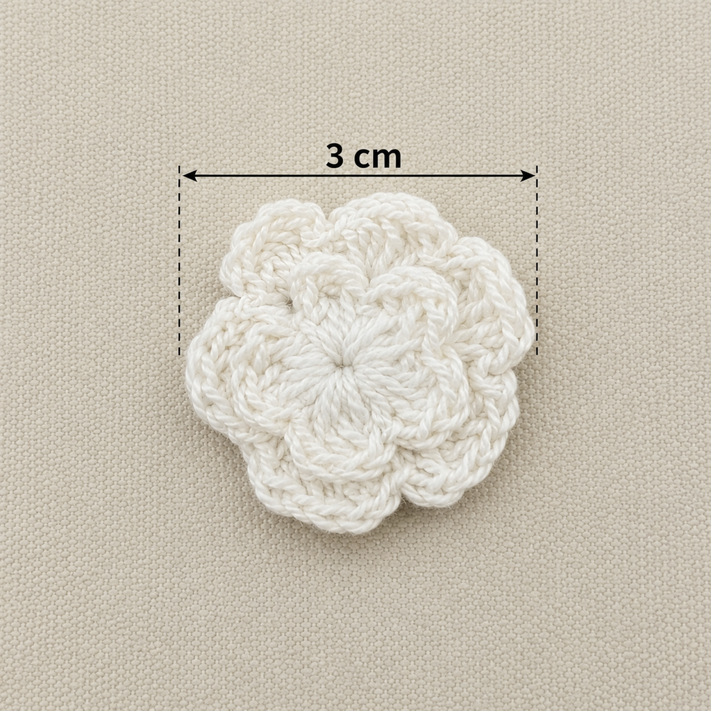 White crocheted flower with a measurement label on a beige background