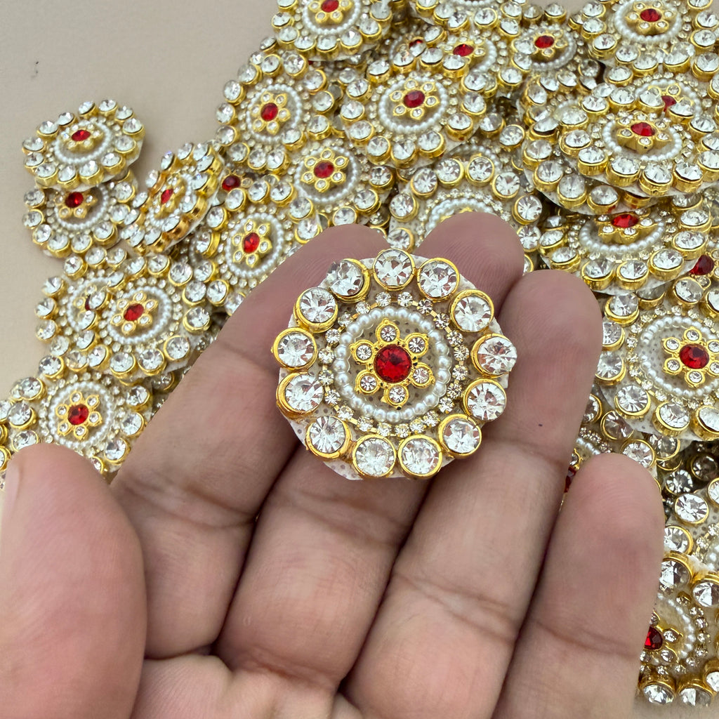 Red & Pearl Rhinestone Floral Patches – Gold Embellished Appliqué (Pack of 10)