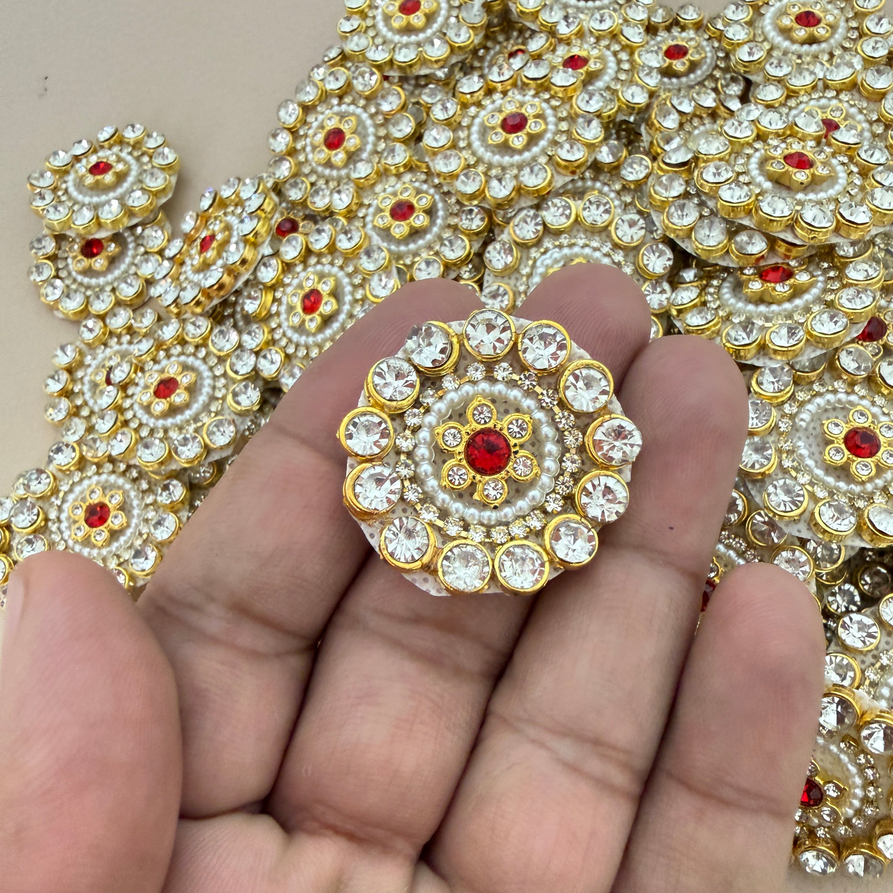 Red & Pearl Rhinestone Floral Patches – Gold Embellished Appliqué (Pack of 10)