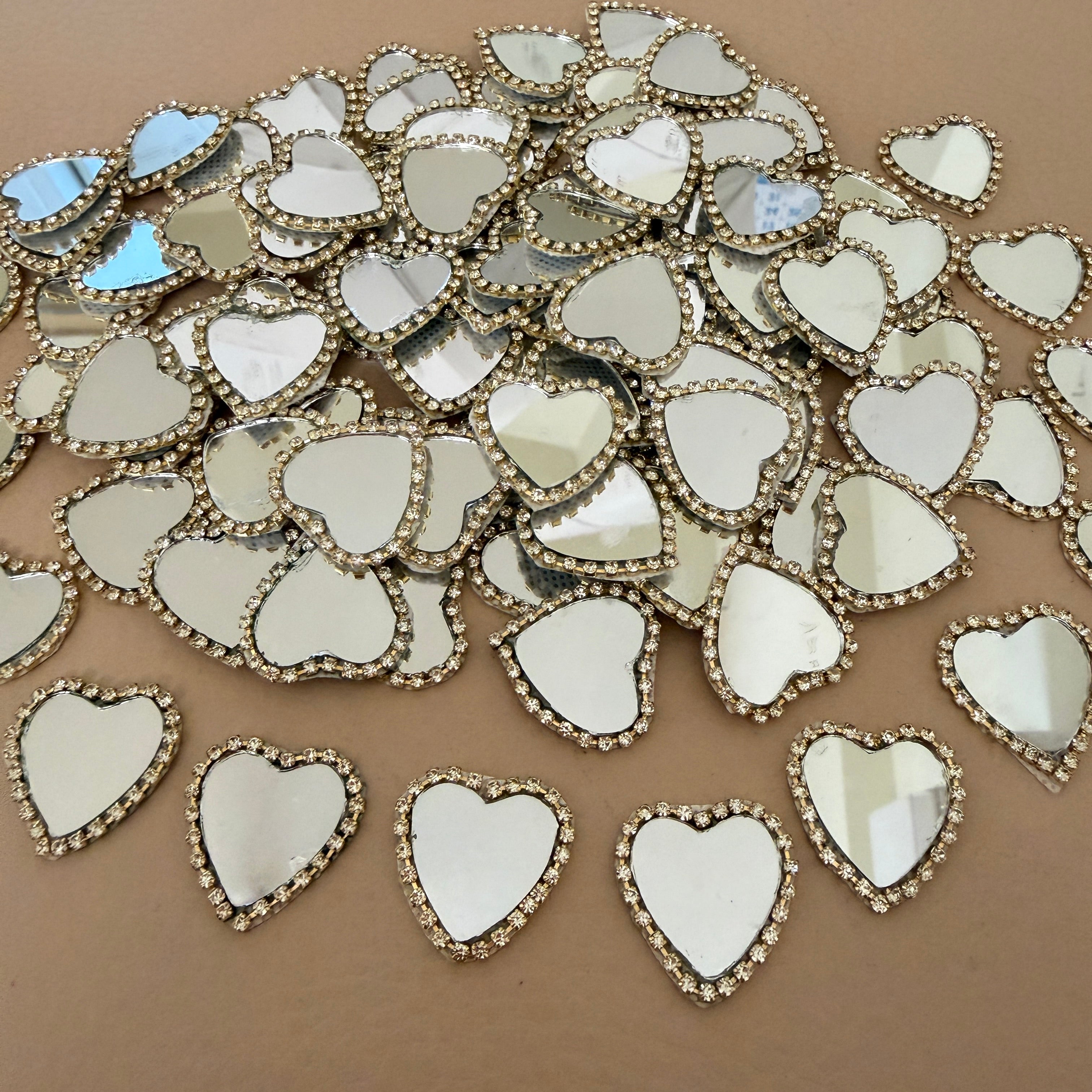Heart Shaped Real Mirror Patches with Rhinestone Border - Pack of 25