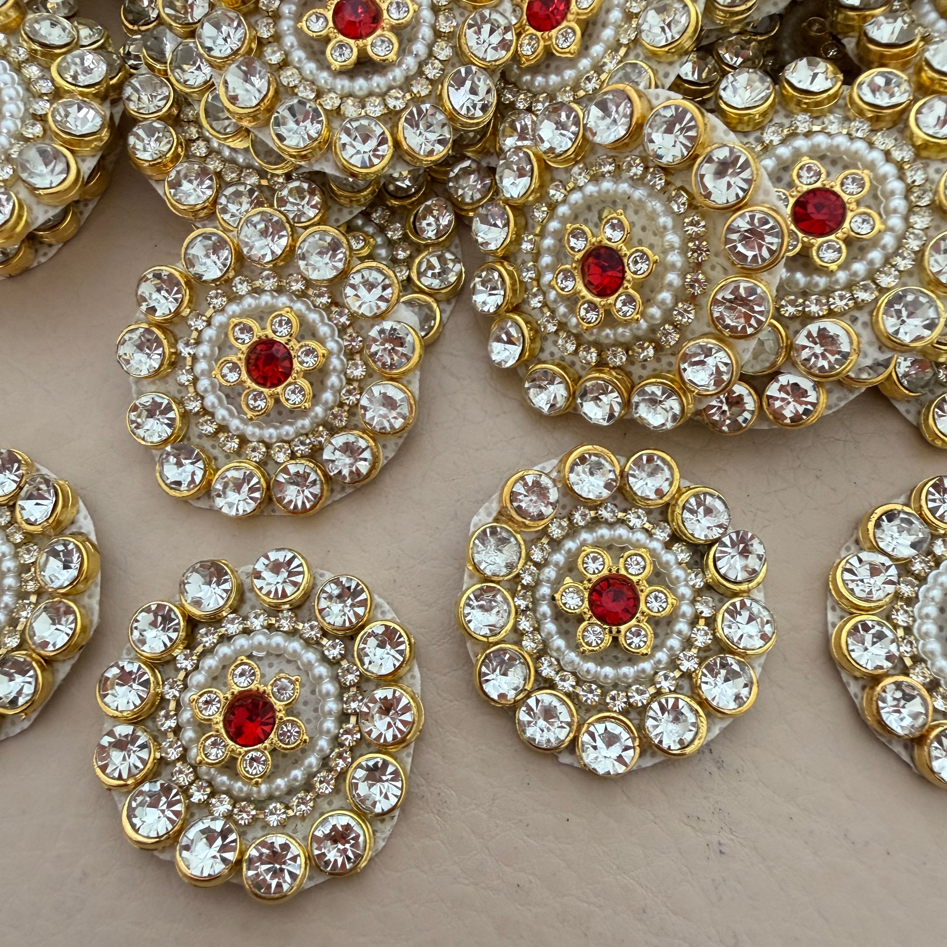 Red & Pearl Rhinestone Floral Patches – Gold Embellished Appliqué (Pack of 10)