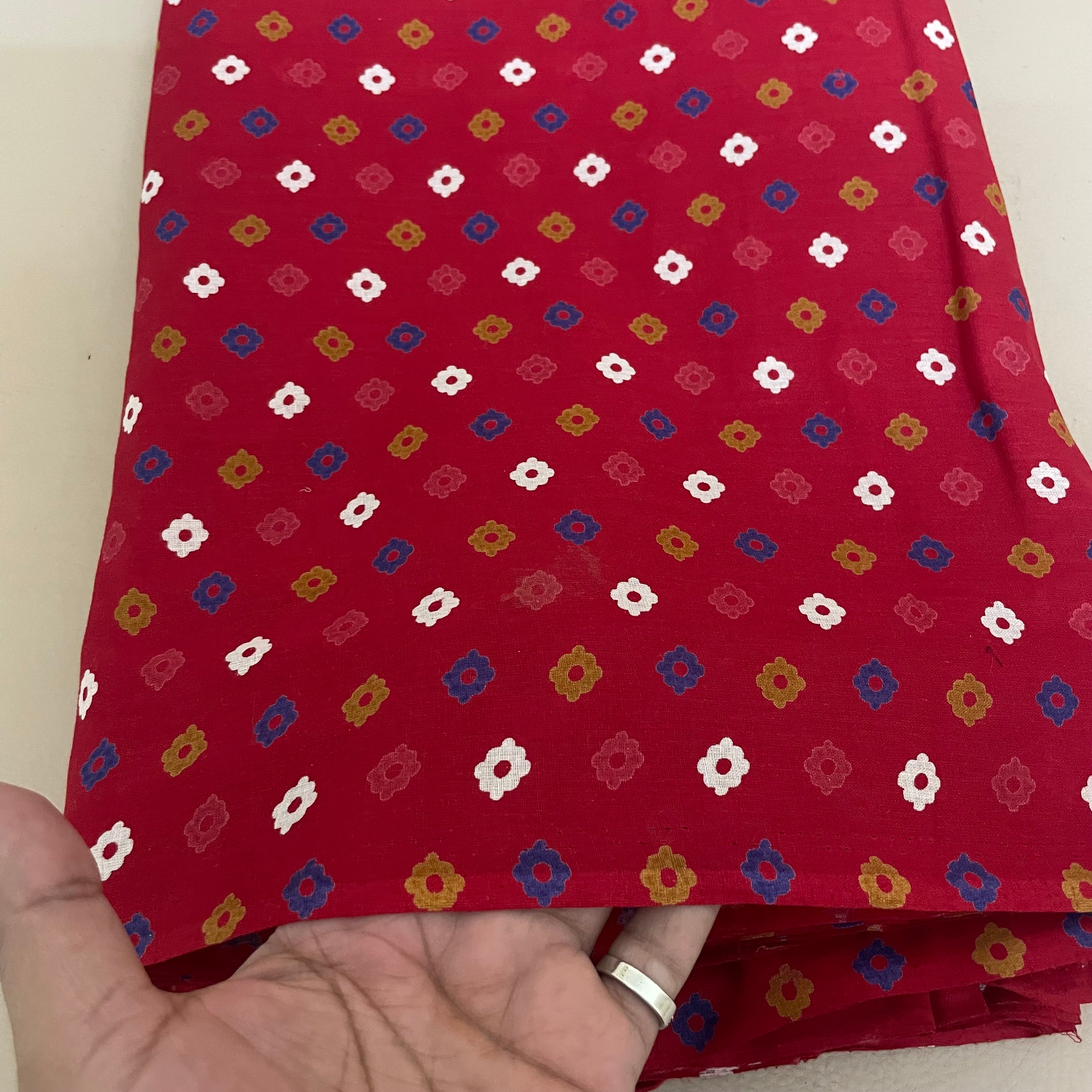 Red Indian Block Print Cotton Fabric by Yard Floral Motif - 42" Wide