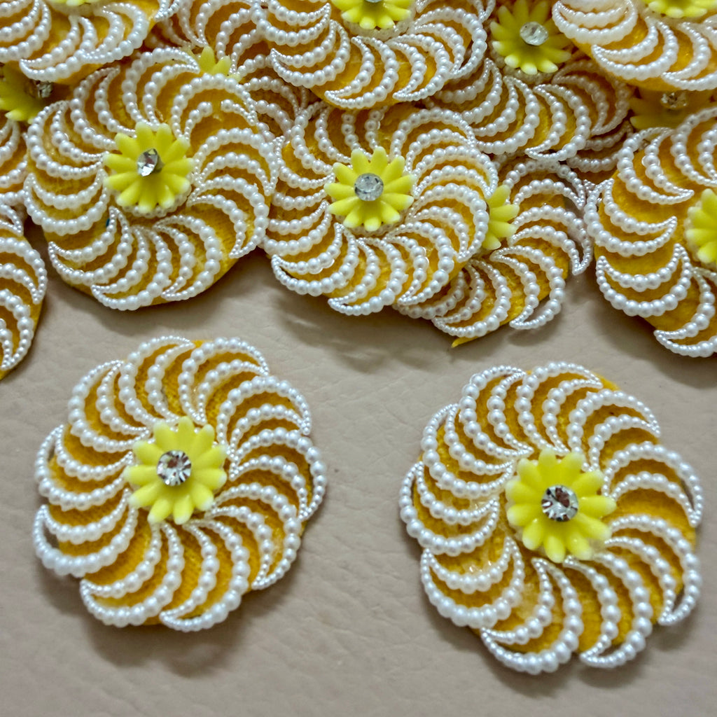 Sunflower Yellow Pearl Swirl Flower Appliques 4.5cm Craft Embellishments - Pack of 10