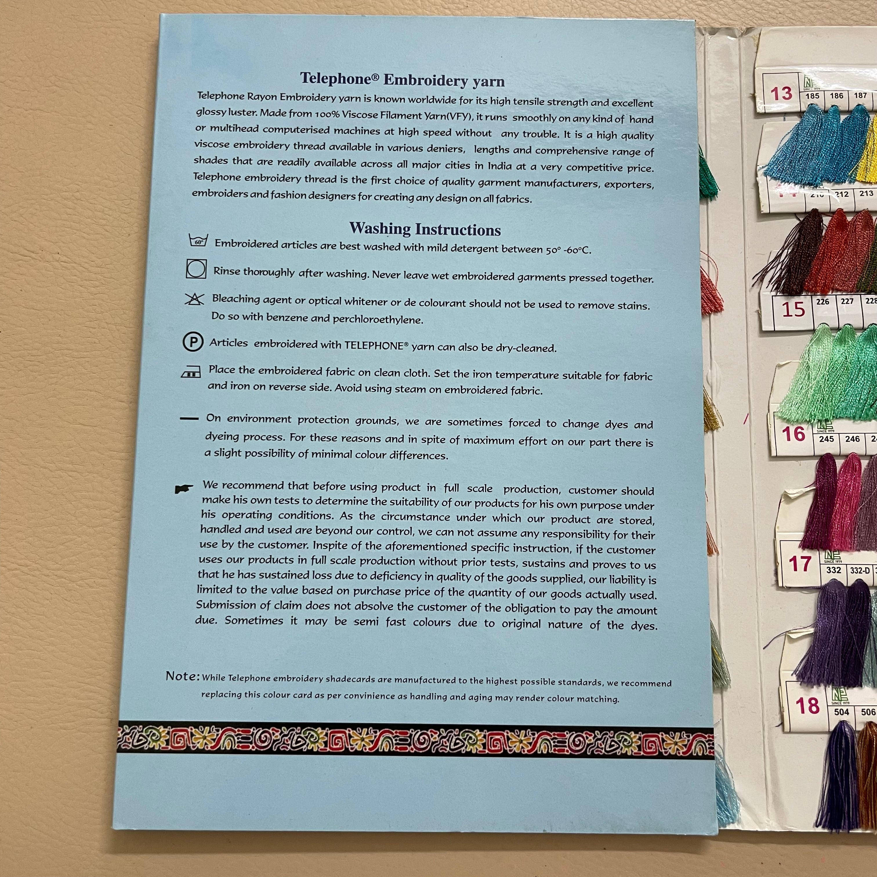 Telephone Embroidery Thread Shade Card - Filament Yarn Color Chart