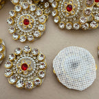 Red & Pearl Rhinestone Floral Patches – Gold Embellished Appliqué (Pack of 10)