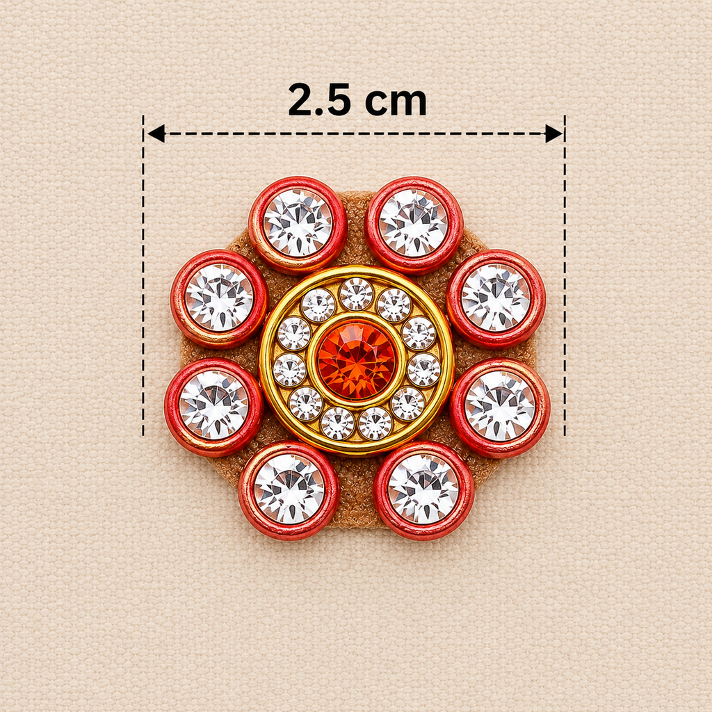 Decorative brooch with gemstones and measurements on a beige background
