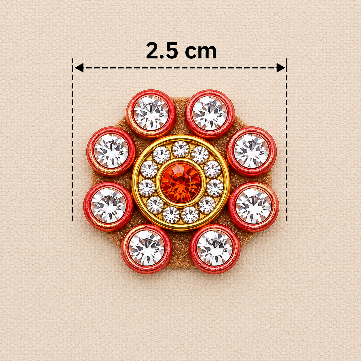 Decorative brooch with gemstones and measurements on a beige background