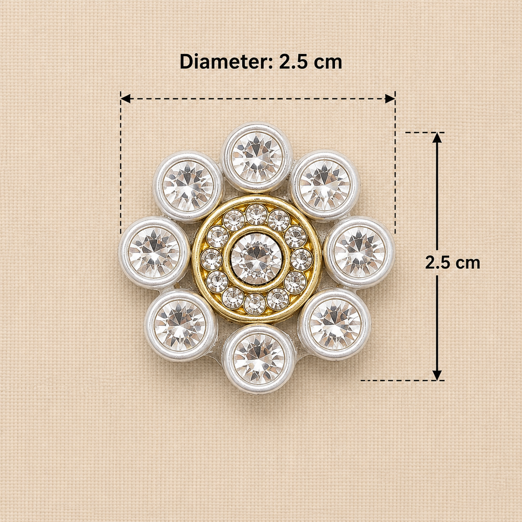 Decorative brooch with gemstones and measurements on a beige background