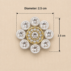 Decorative brooch with gemstones and measurements on a beige background