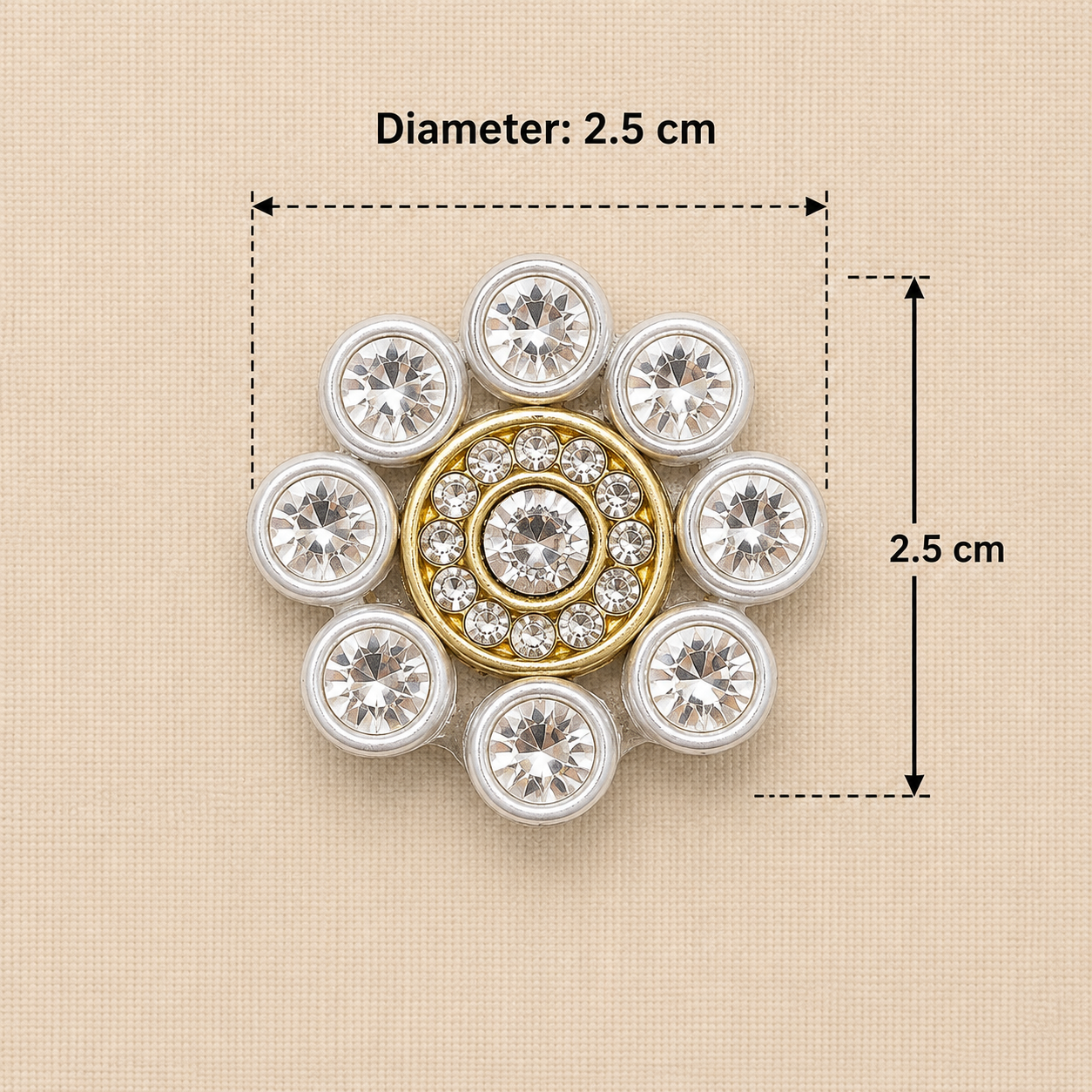 Decorative brooch with gemstones and measurements on a beige background