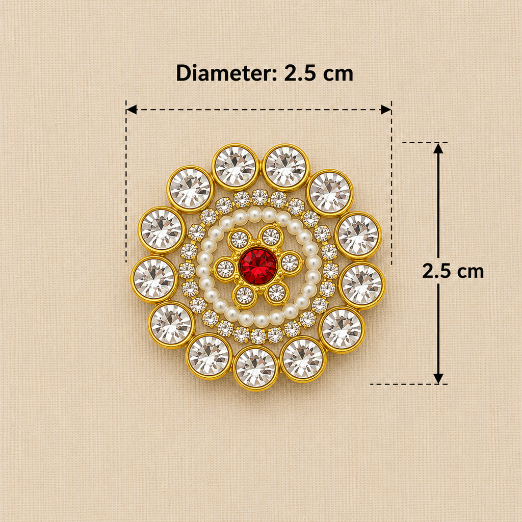 Decorative circular design with crystals and a red center on a beige background, showing measurements.