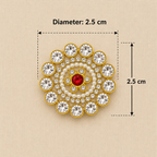 Decorative circular design with crystals and a red center on a beige background, showing measurements.