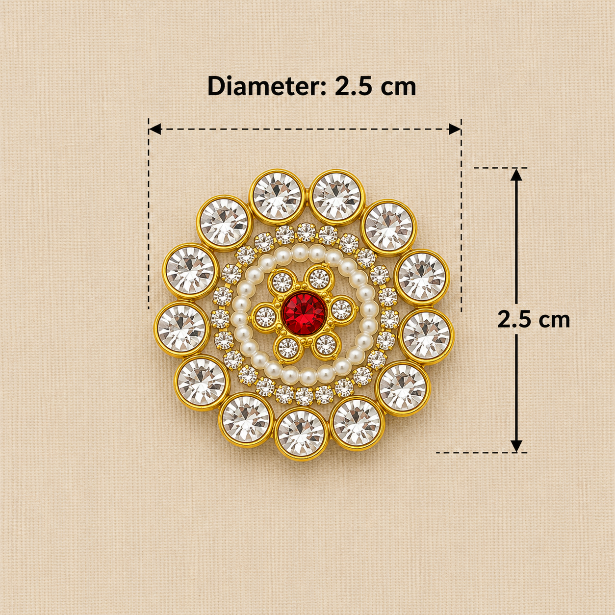 Decorative circular design with crystals and a red center on a beige background, showing measurements.