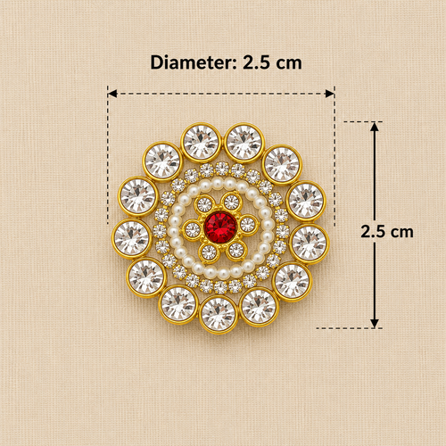 Decorative circular design with crystals and a red center on a beige background, showing measurements.