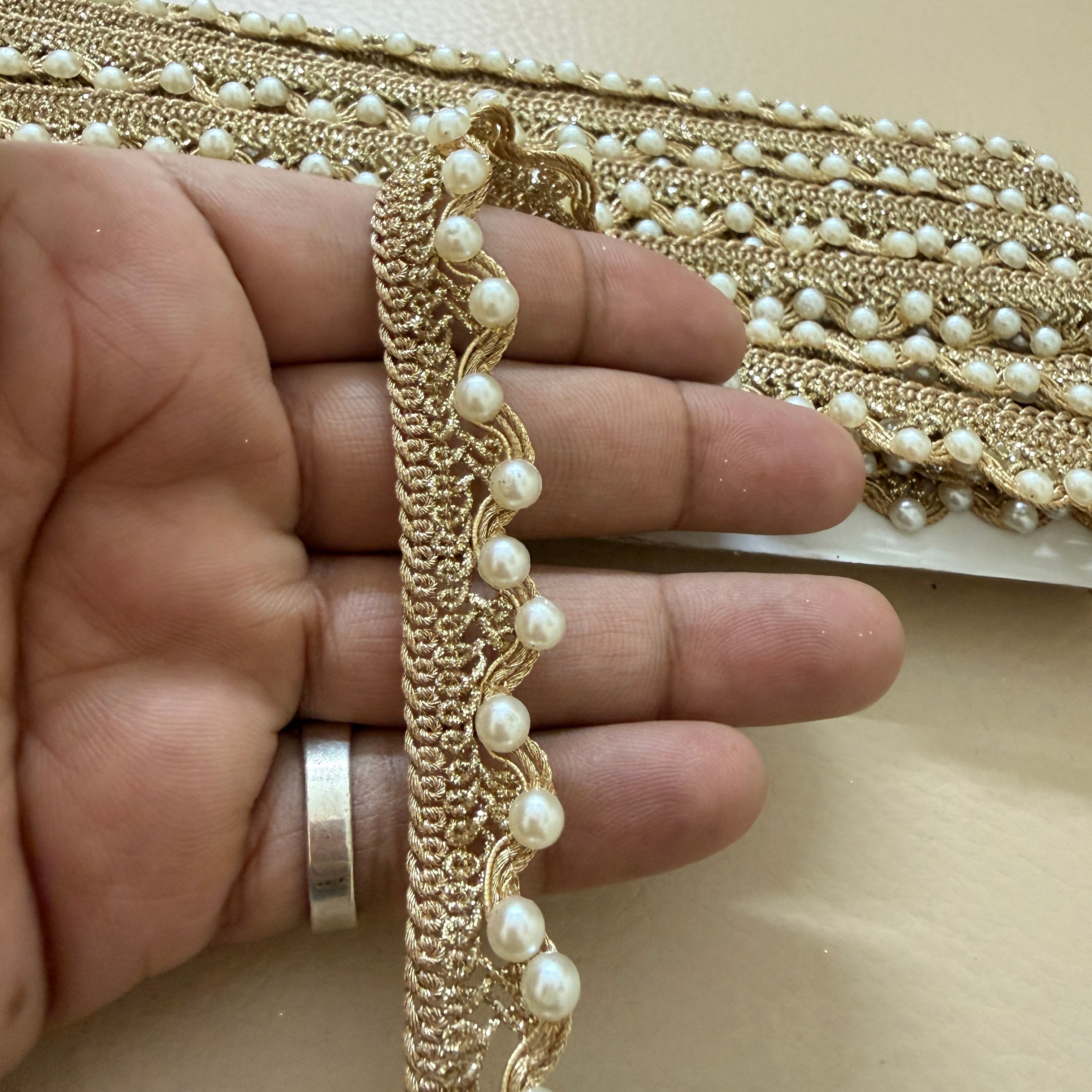 Gold Zari Scalloped Lace with Pearl Edging - 9 Yard Roll