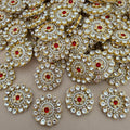 Red & Pearl Rhinestone Floral Patches – Gold Embellished Appliqué (Pack of 10)