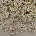 Red & Pearl Rhinestone Floral Patches – Gold Embellished Appliqué (Pack of 10)