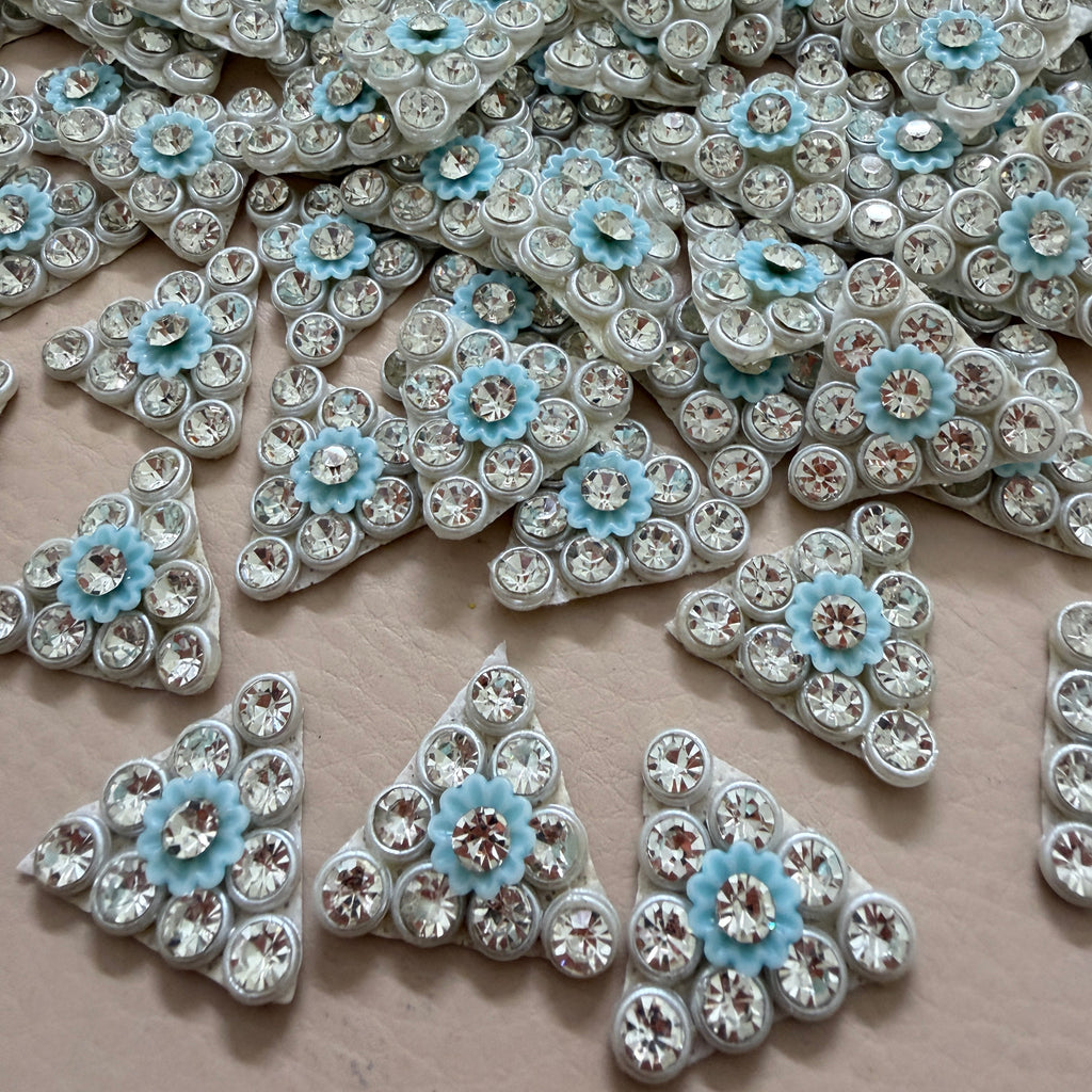 Light Blue Flower Triangle Rhinestone Patches – 20 Piece Bulk Appliqué Set