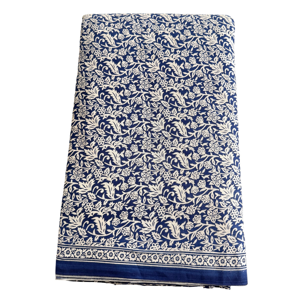 Blue and white patterned fabric on a white background