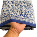 Blue and white patterned fabric held by a hand on a white background