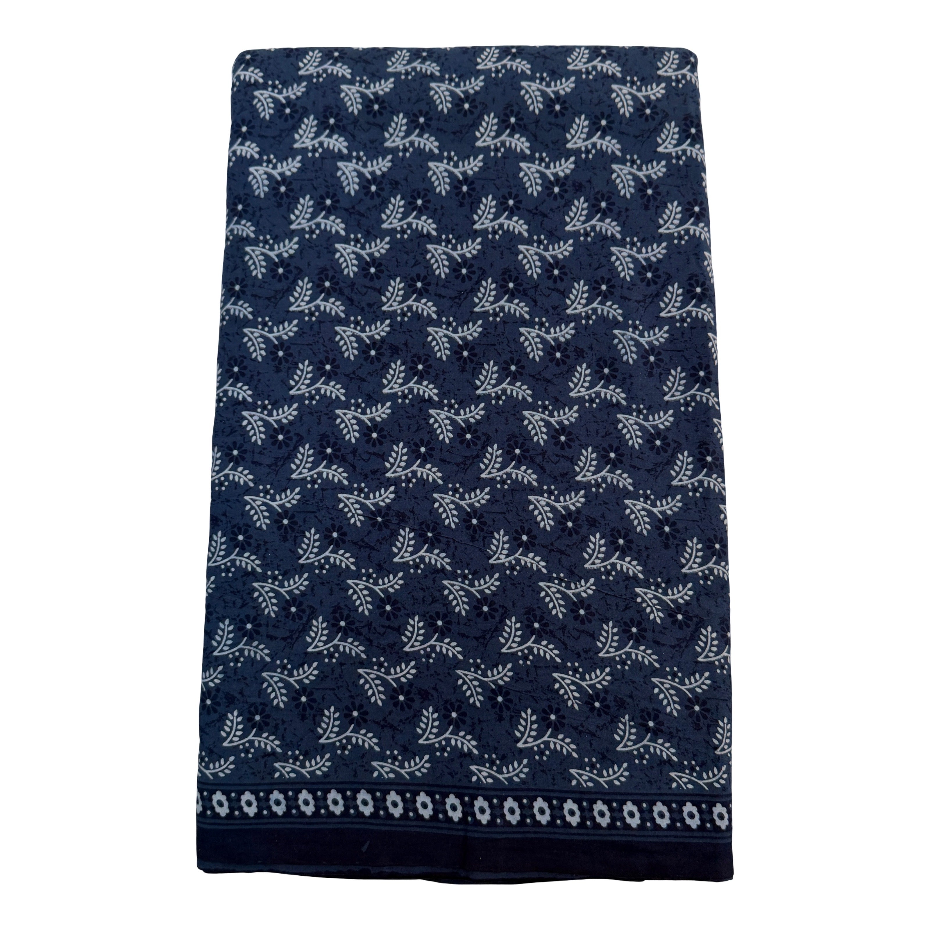 Navy blue towel with white floral pattern on a white background