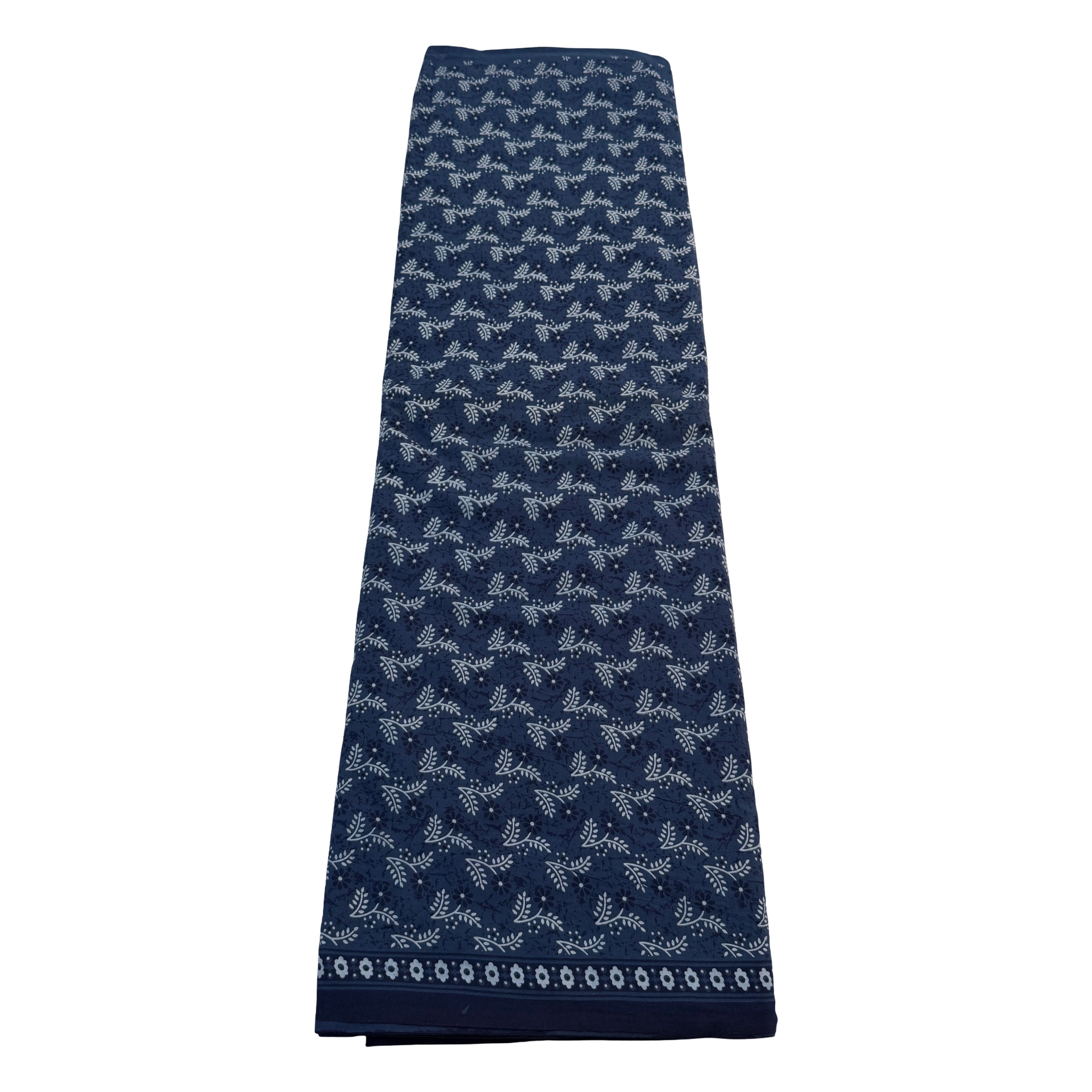 Navy blue scarf with white floral pattern on a white background