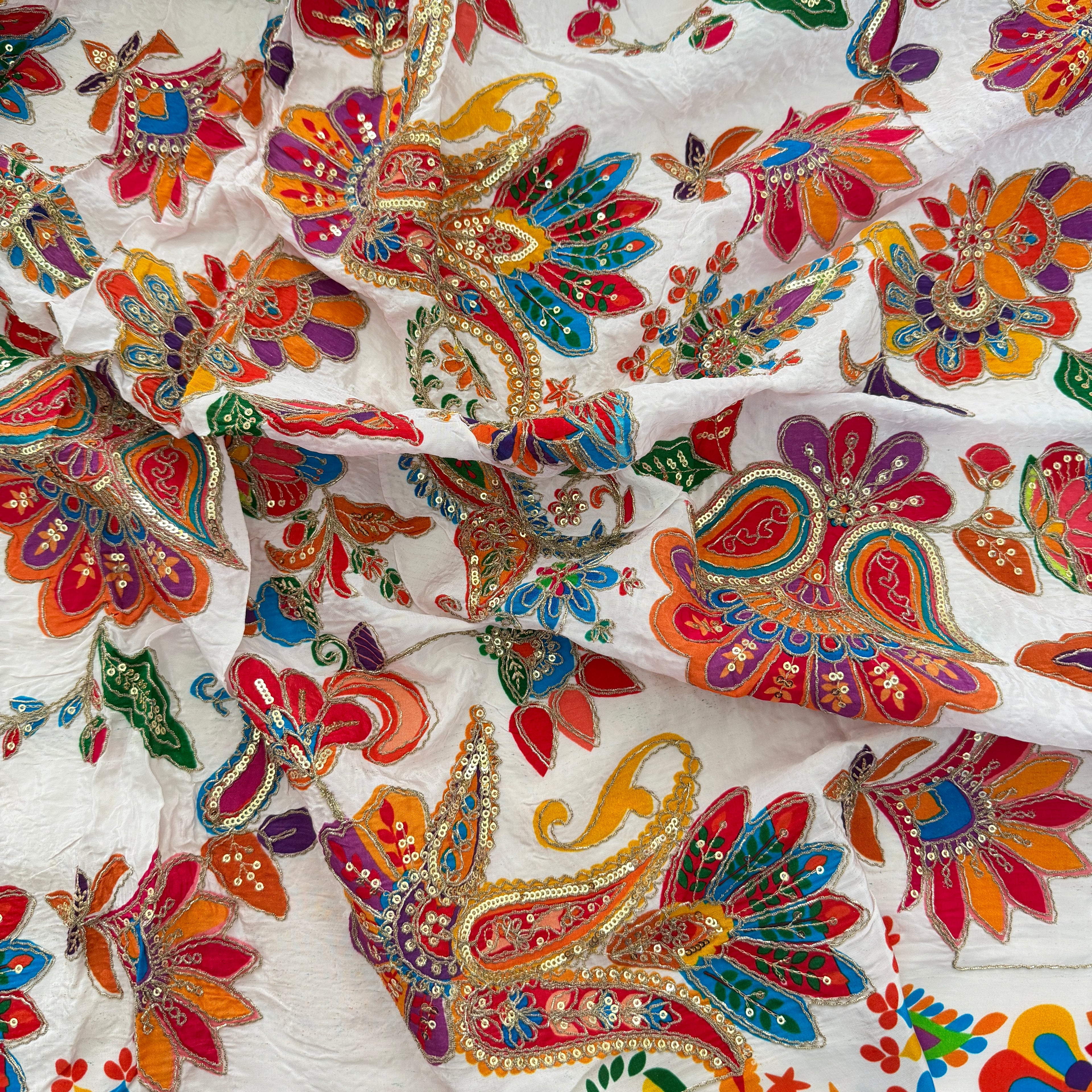 White Multicolor Paisley Floral Printed & Sequin Embroidered Fabric – 46" Width