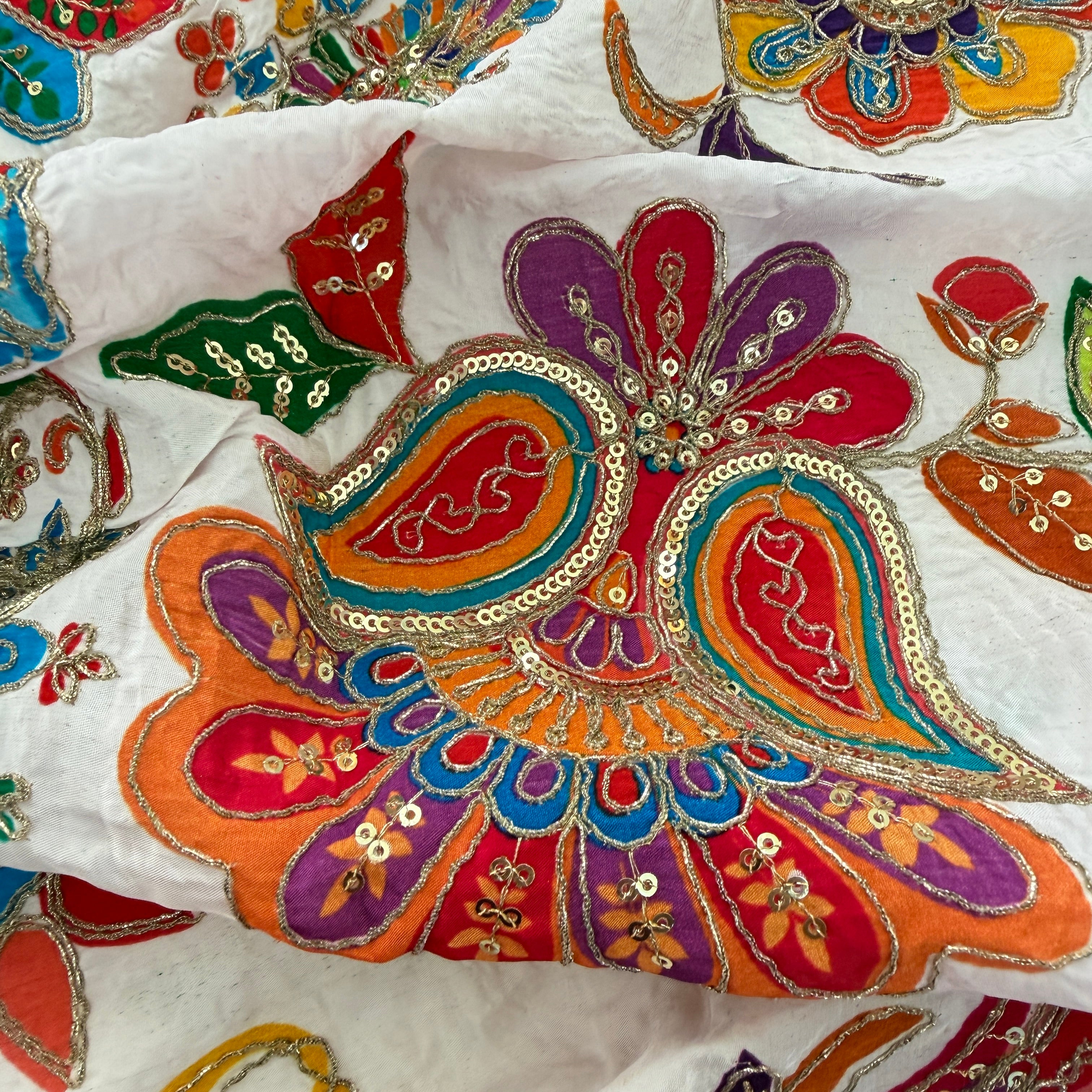 White Multicolor Paisley Floral Printed & Sequin Embroidered Fabric – 46" Width