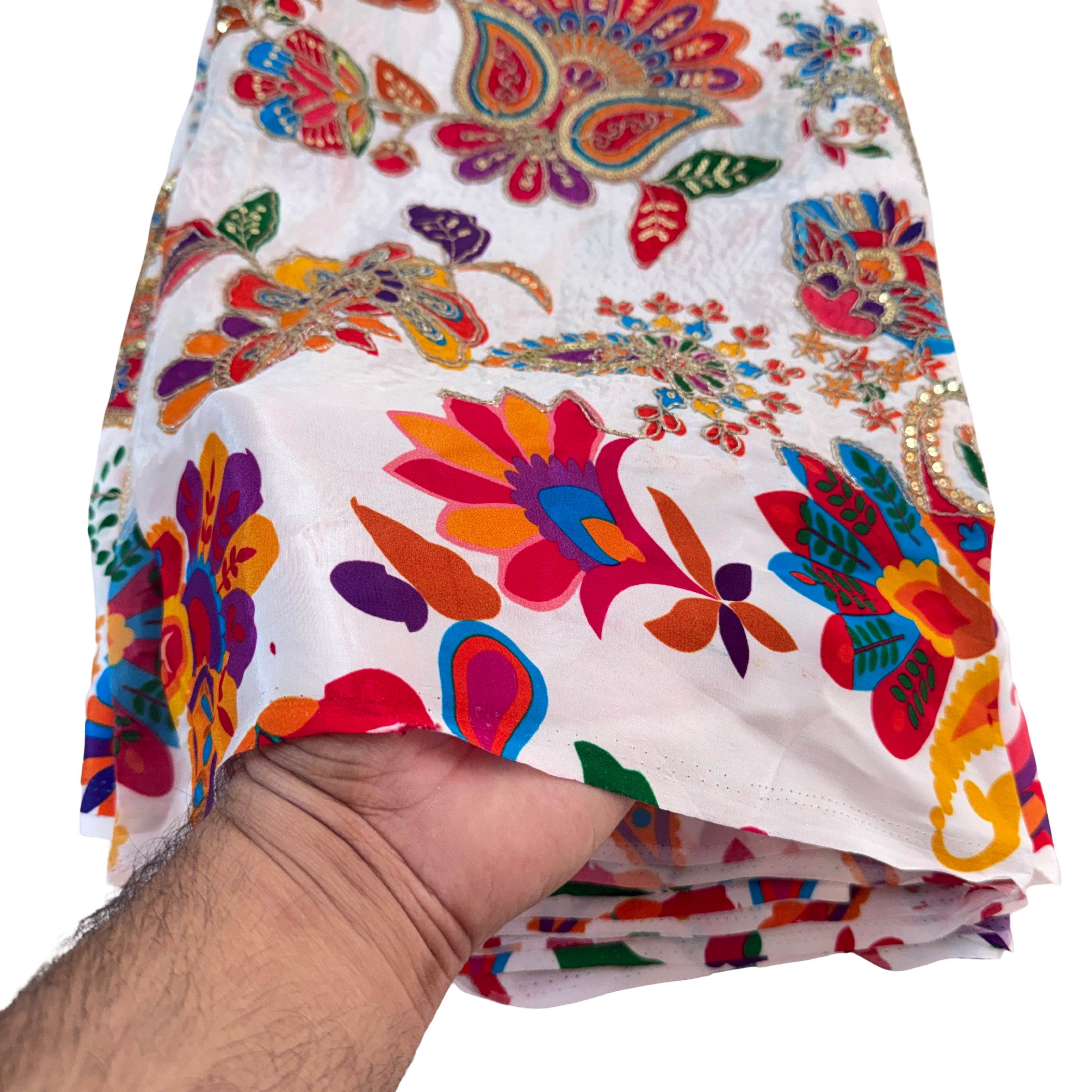 White Multicolor Paisley Floral Printed & Sequin Embroidered Fabric – 46" Width