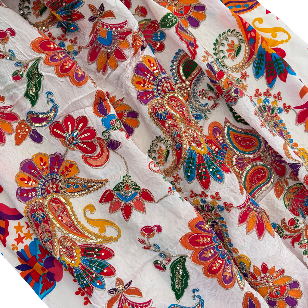 White Multicolor Paisley Floral Printed & Sequin Embroidered Fabric – 46" Width