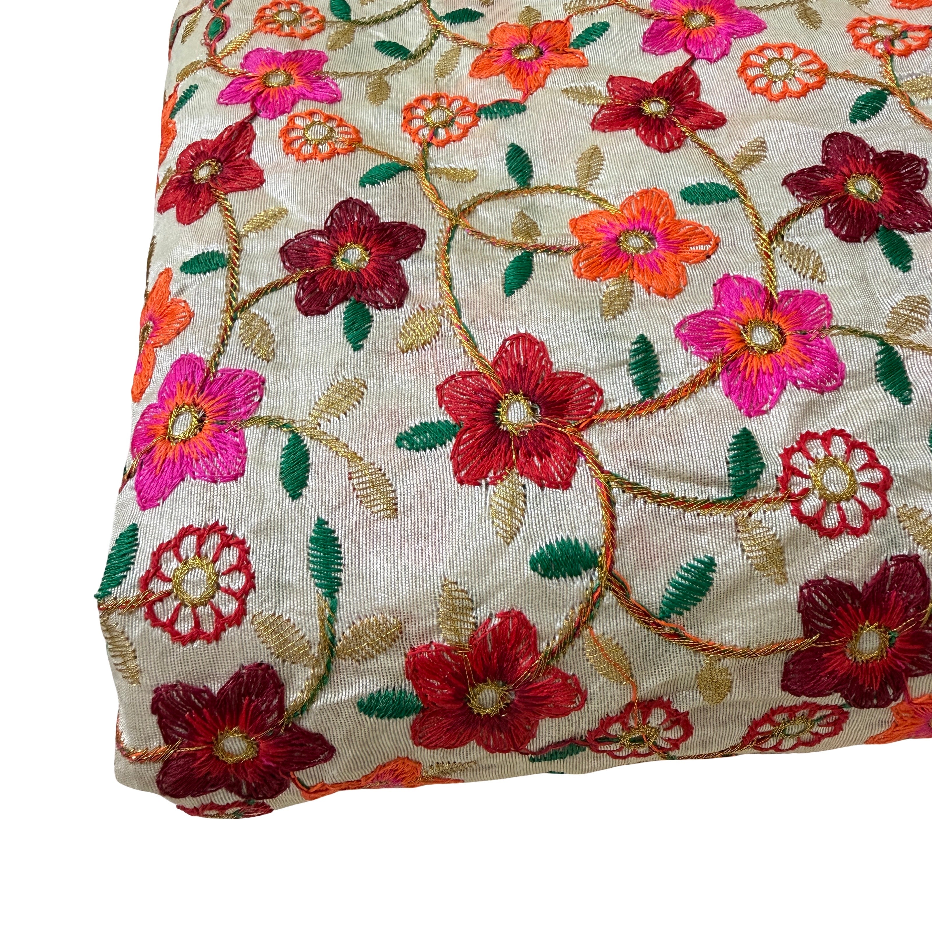 Embroidered fabric with colorful floral patterns on a beige background