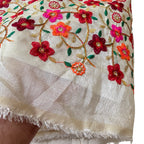 Embroidered fabric with colorful floral patterns on a beige background