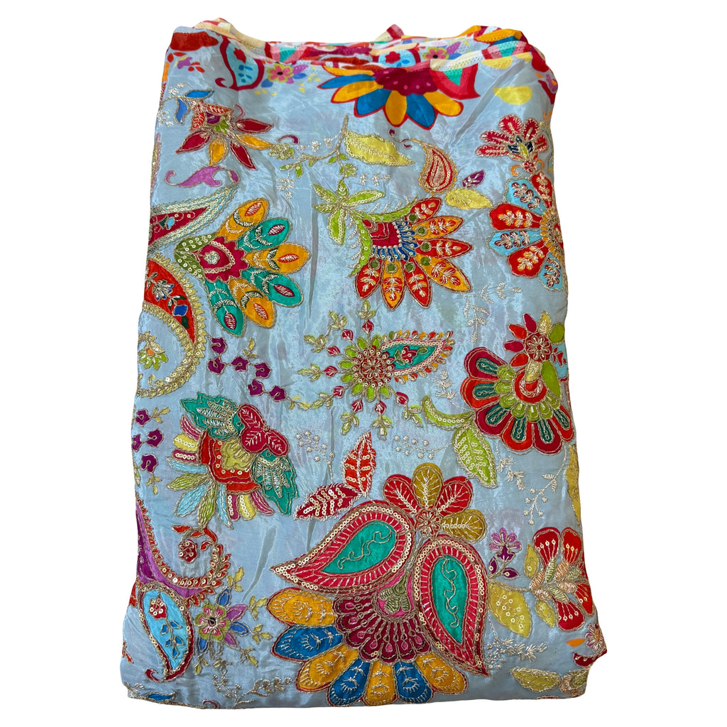 Sky Blue Multicolor Paisley Floral Sequin Embroidered Fabric – 46" Width