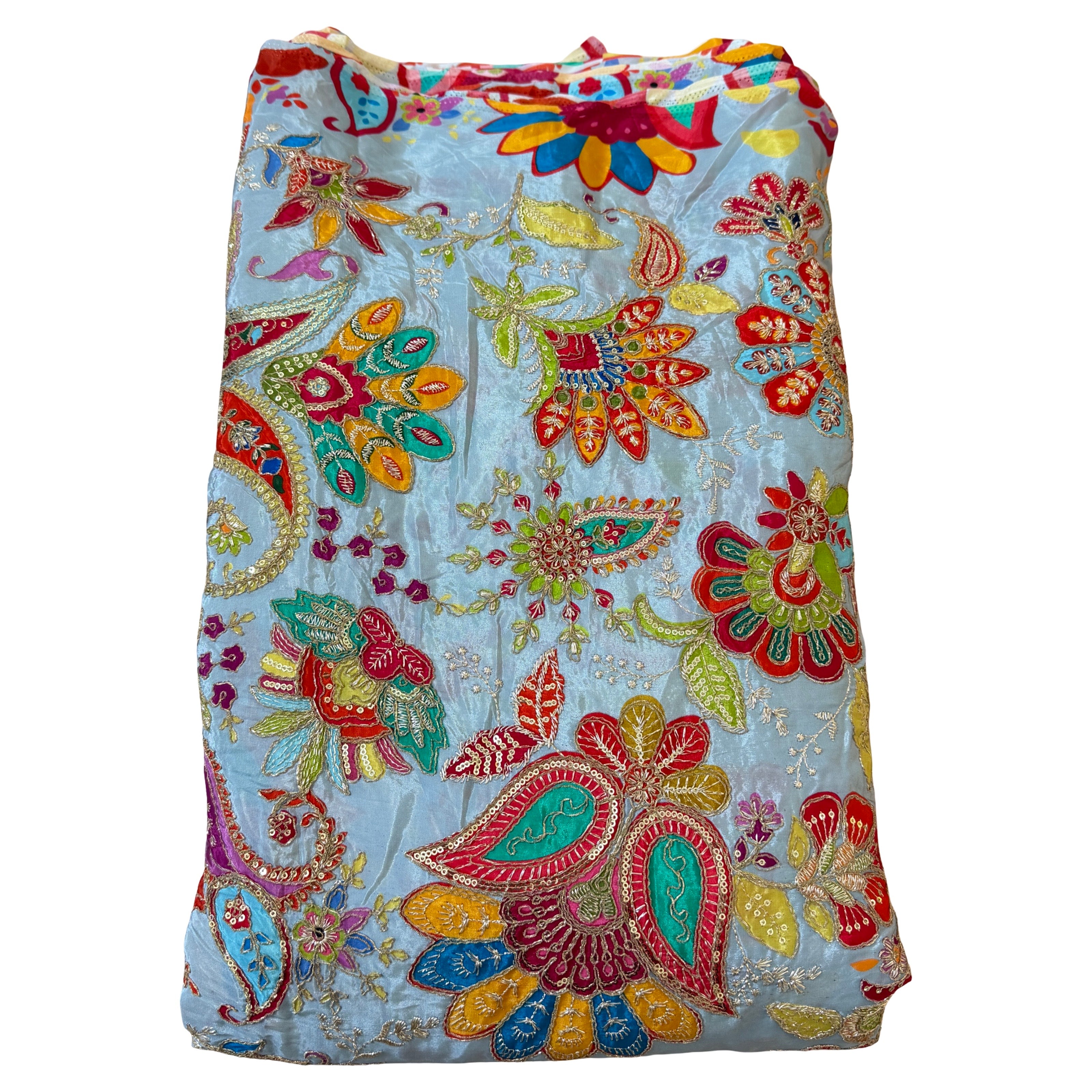 Sky Blue Multicolor Paisley Floral Sequin Embroidered Fabric – 46" Width