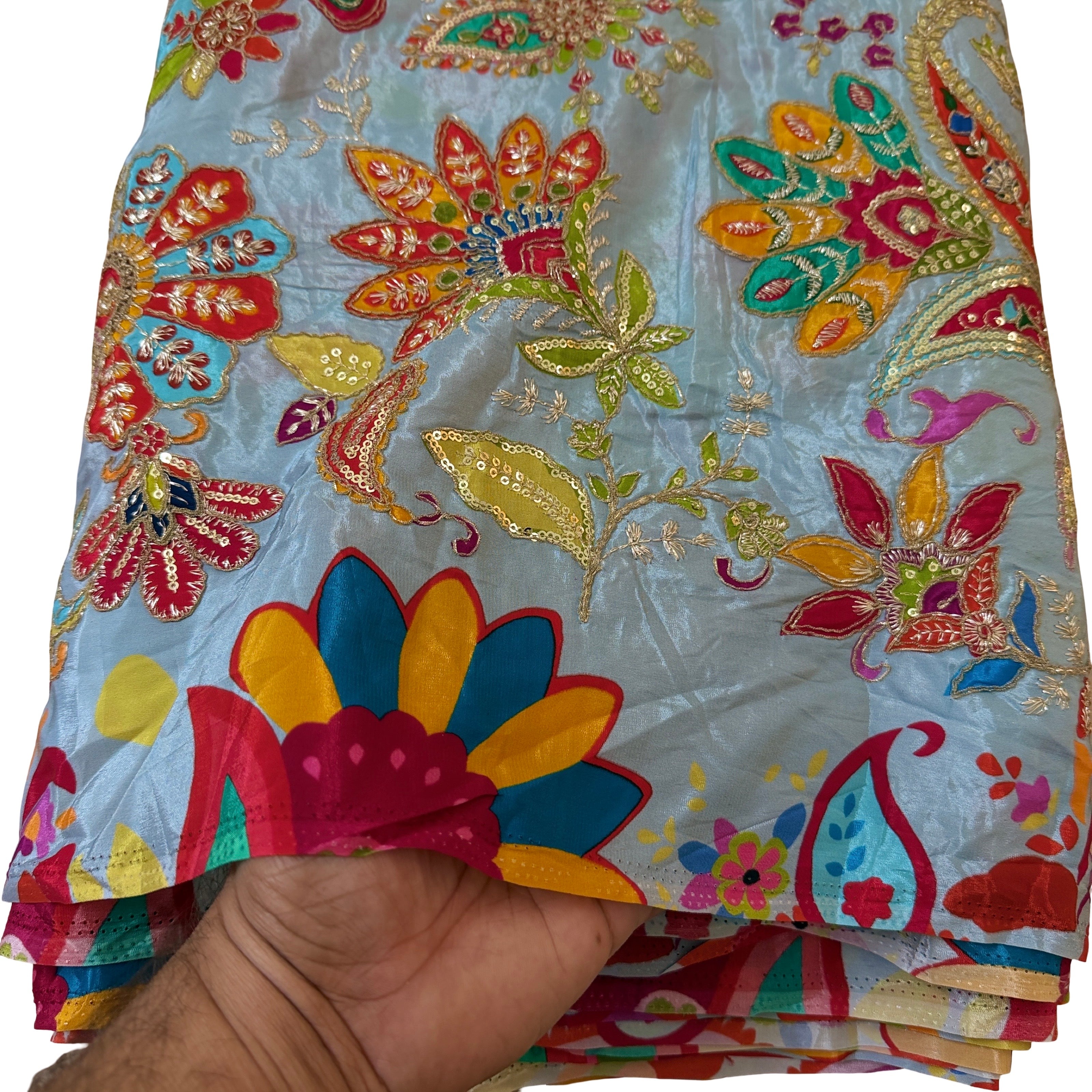 Sky Blue Multicolor Paisley Floral Sequin Embroidered Fabric – 46" Width