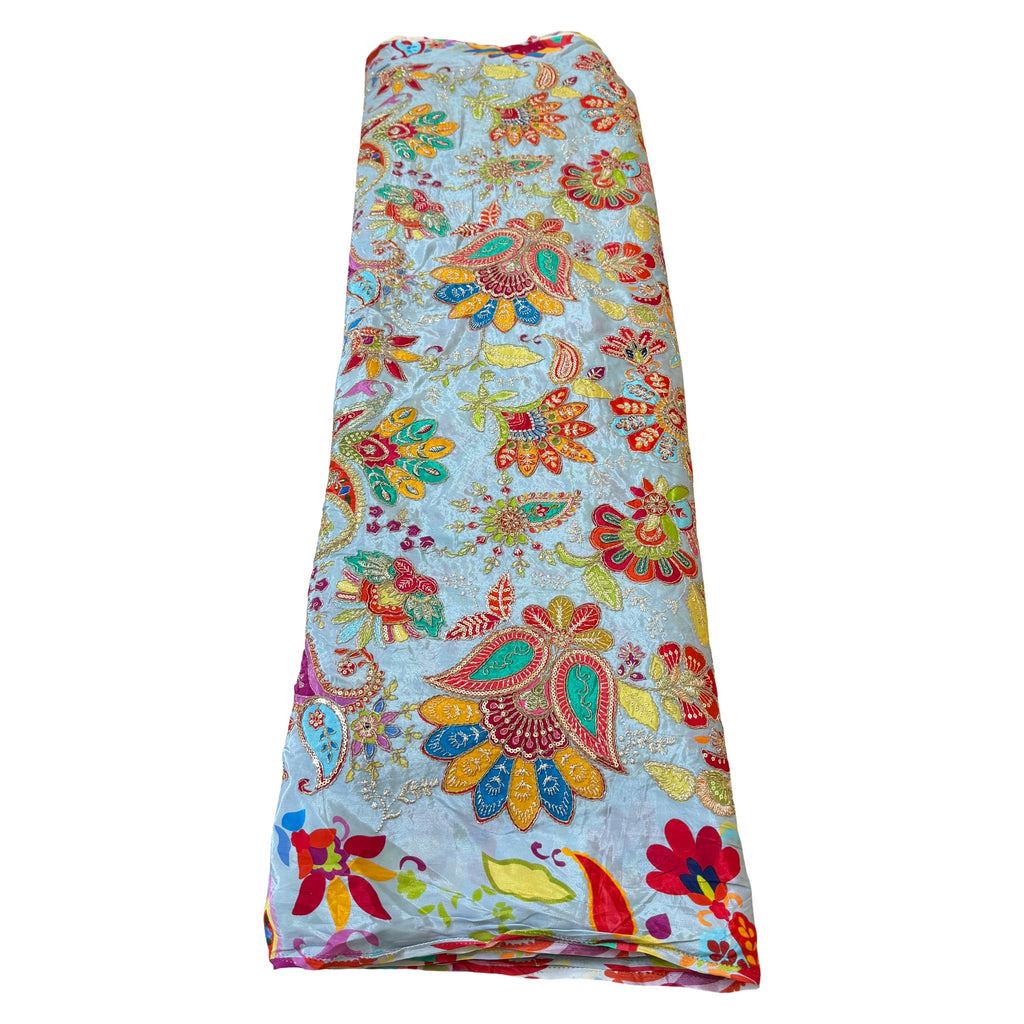 Sky Blue Multicolor Paisley Floral Sequin Embroidered Fabric – 46" Width