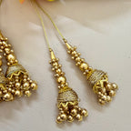 Gold jewelry set with intricate designs on a light background