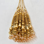 Gold beaded chandelier on a light gray background