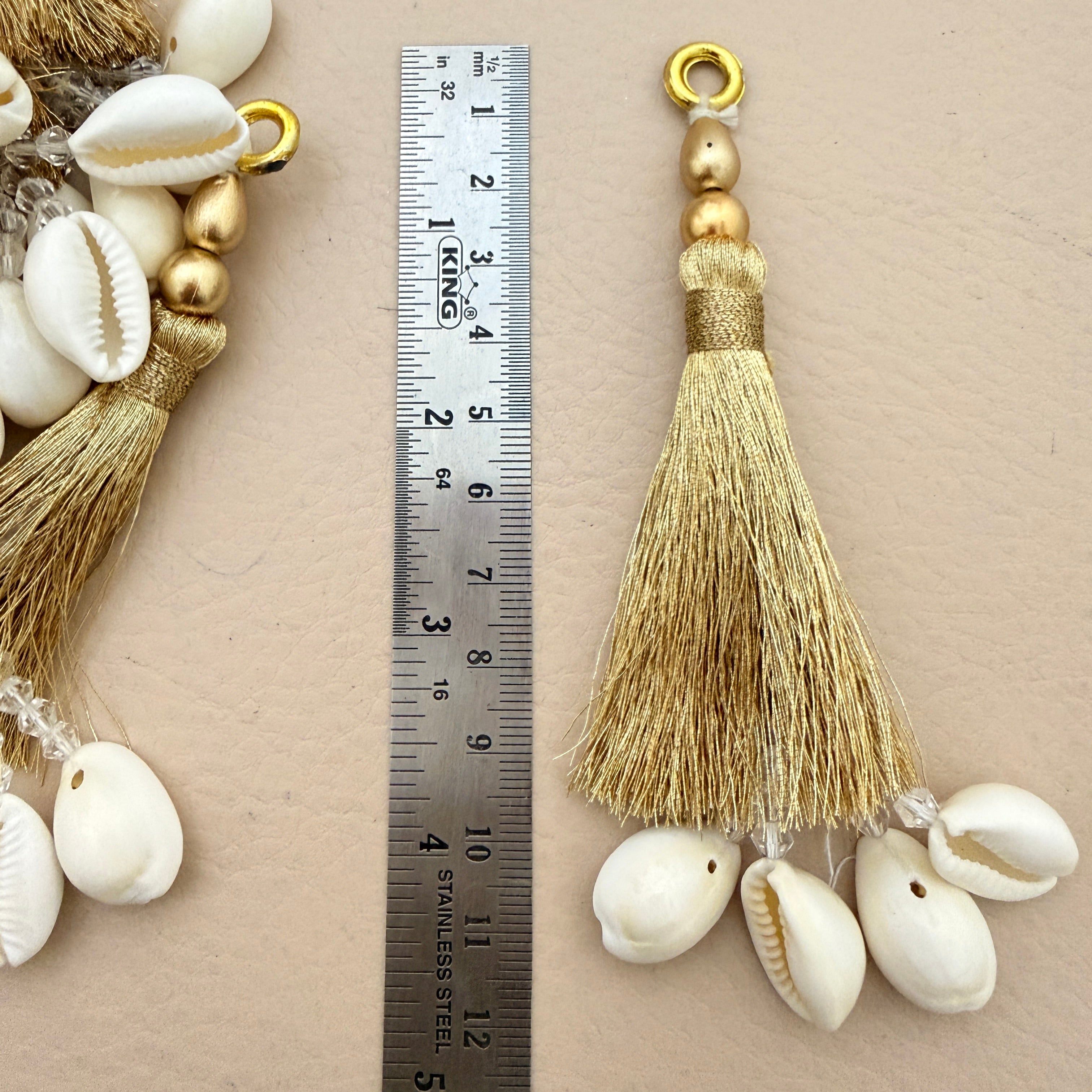 Cowrie Shell Gold Tassel Latkan with Crystal Beads - Set of 10