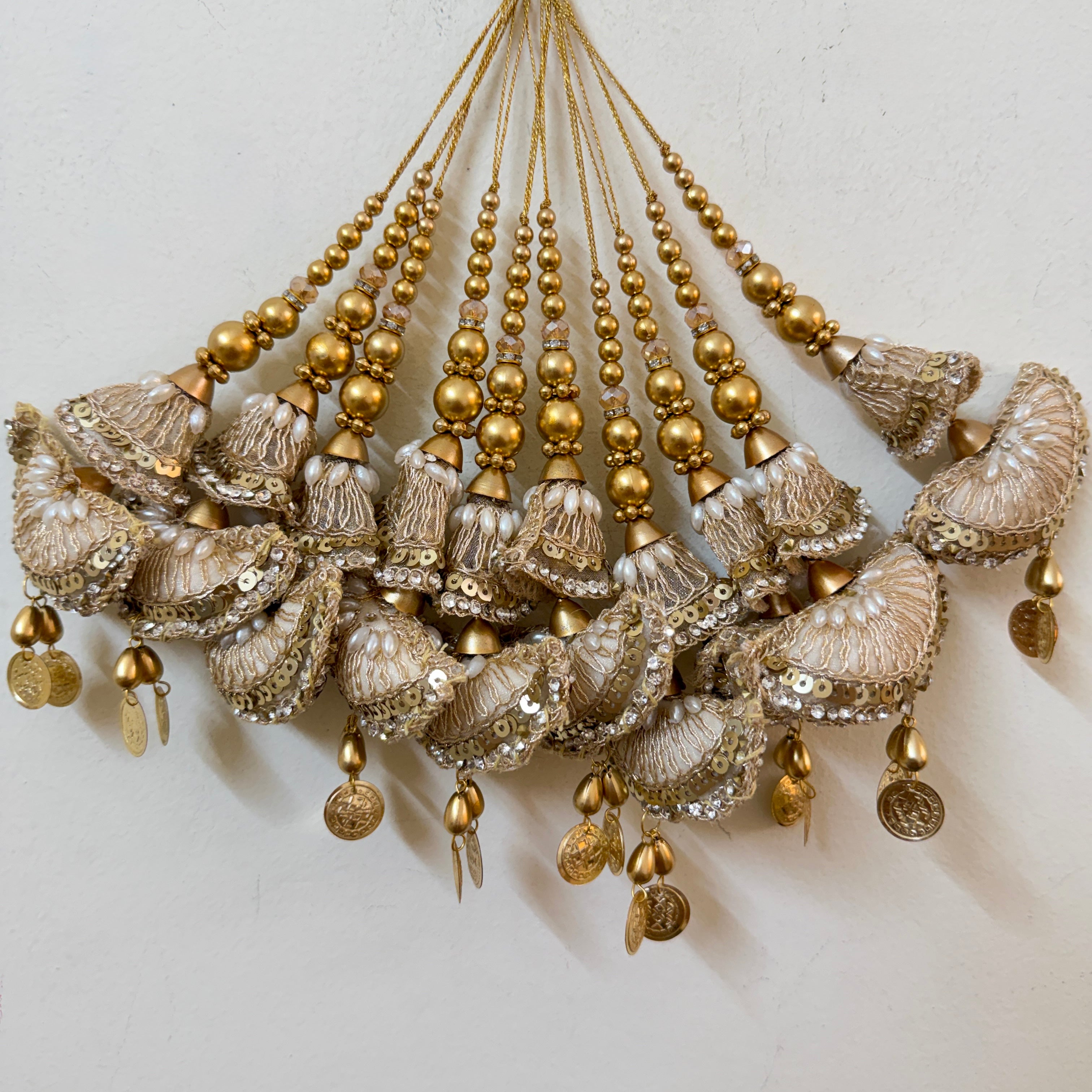 Gold Embroidered Tassels with Gold Bead String & Coin Drops – Pack of 2