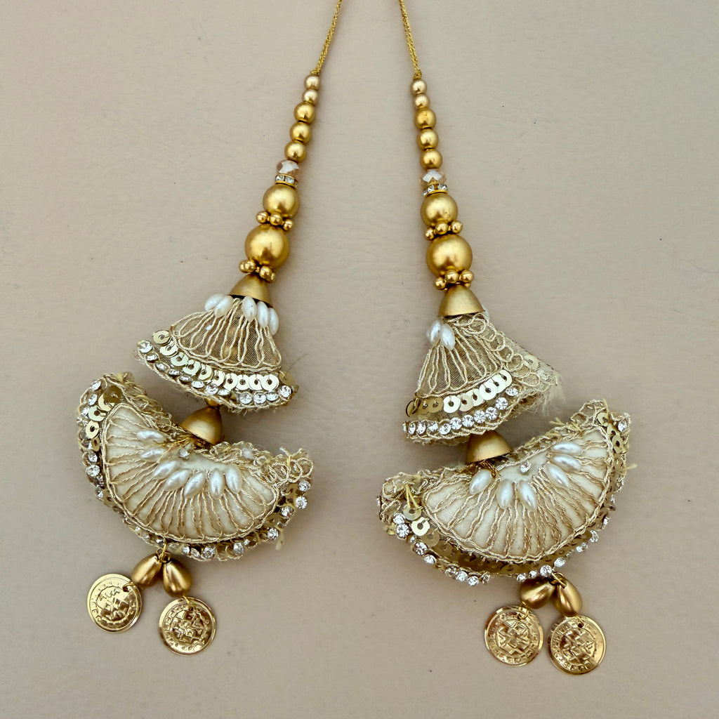 Gold Embroidered Tassels with Gold Bead String & Coin Drops – Pack of 2
