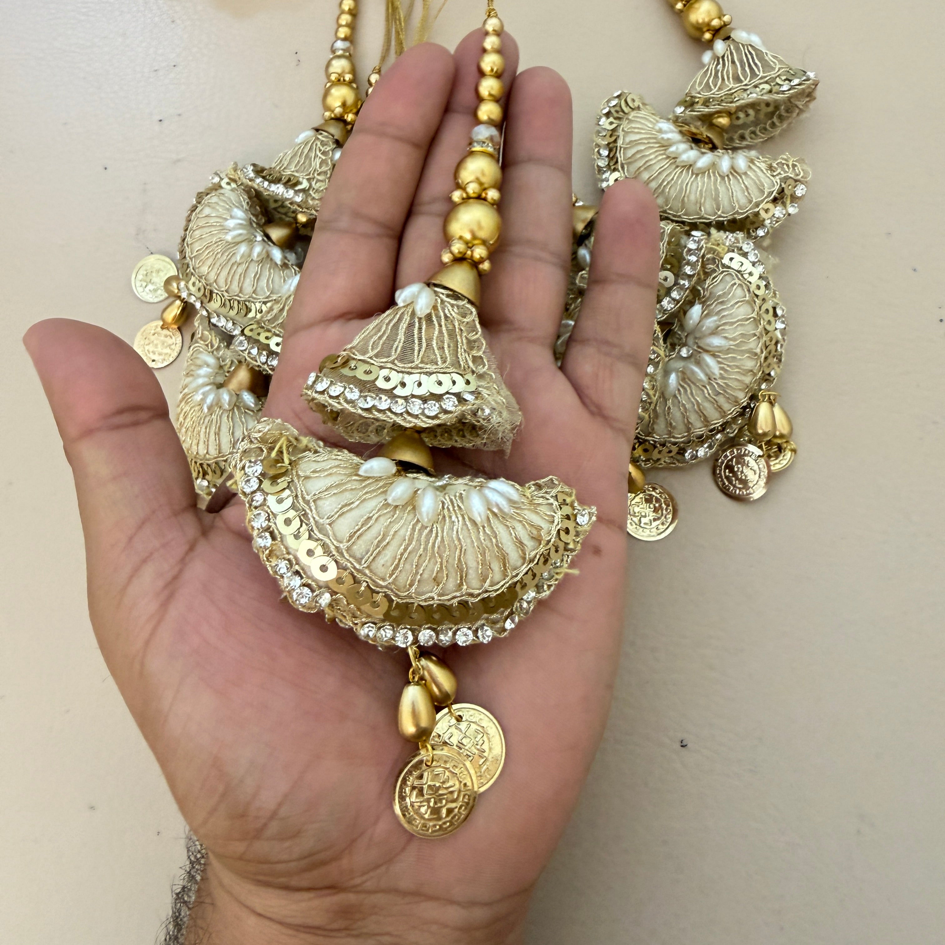 Gold Embroidered Tassels with Gold Bead String & Coin Drops – Pack of 2