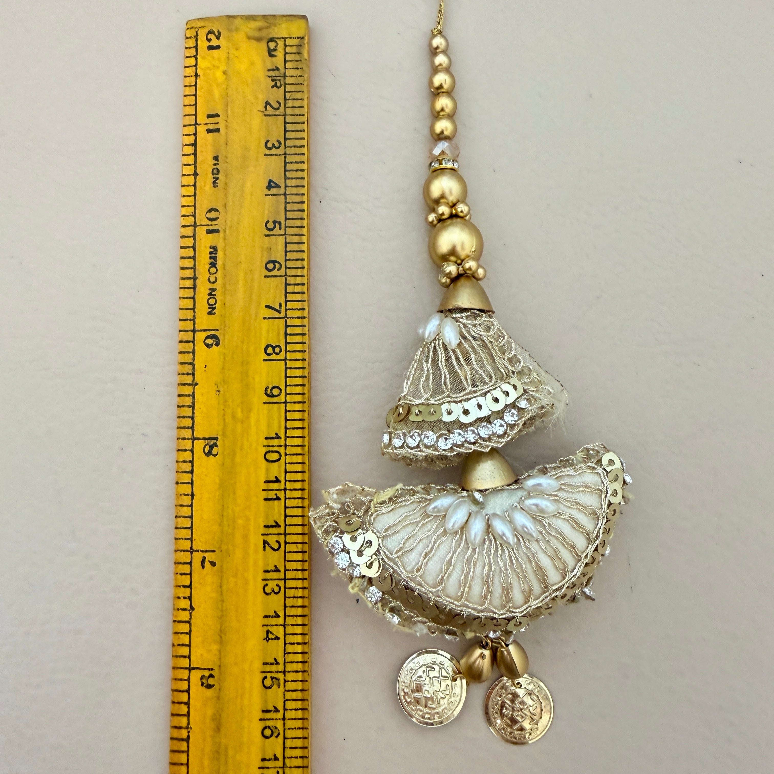 Gold Embroidered Tassels with Gold Bead String & Coin Drops – Pack of 2