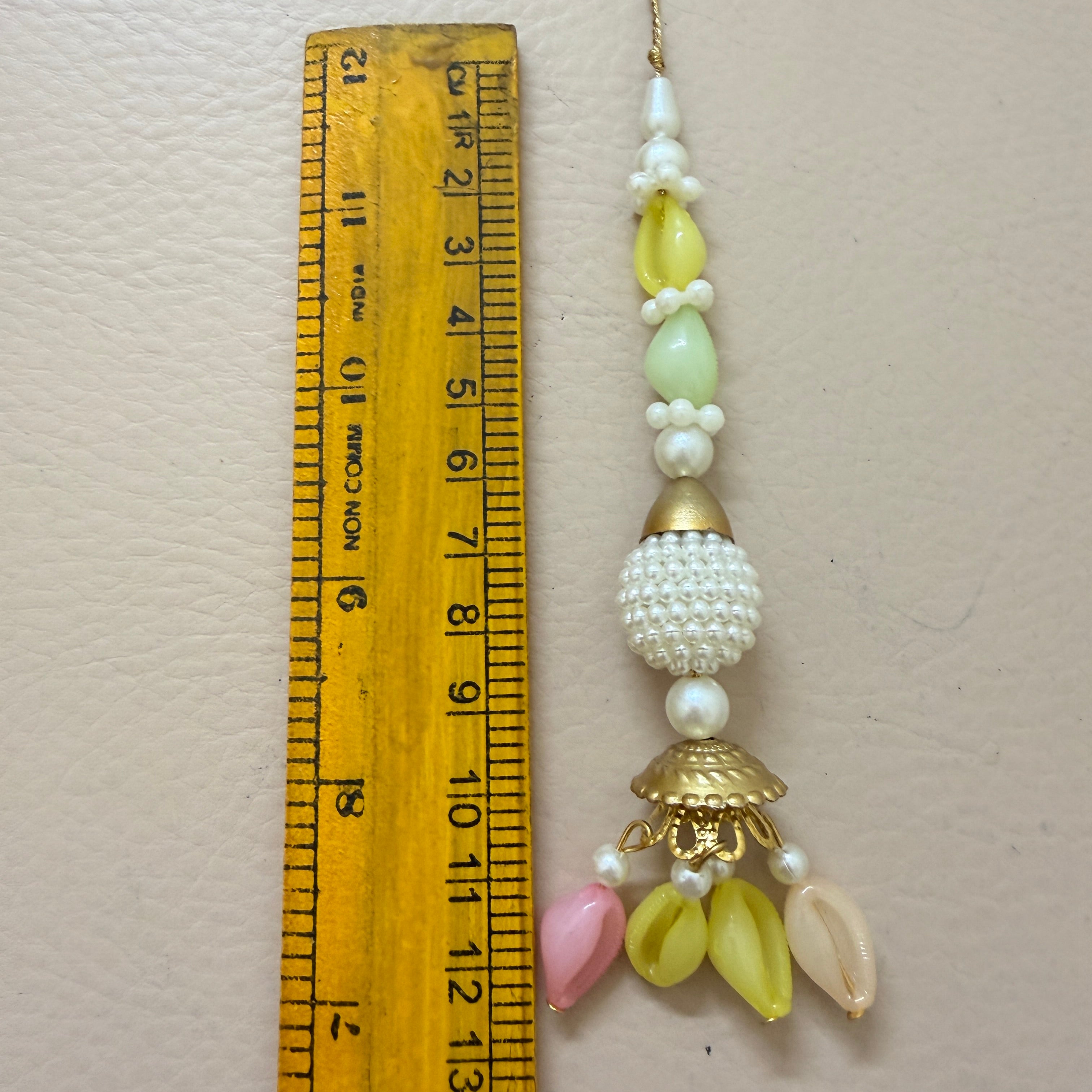 Pastel Multicolour Pearl Bead Ball Latkan with Gold Jhumka & Teardrop Drops – Set of 10