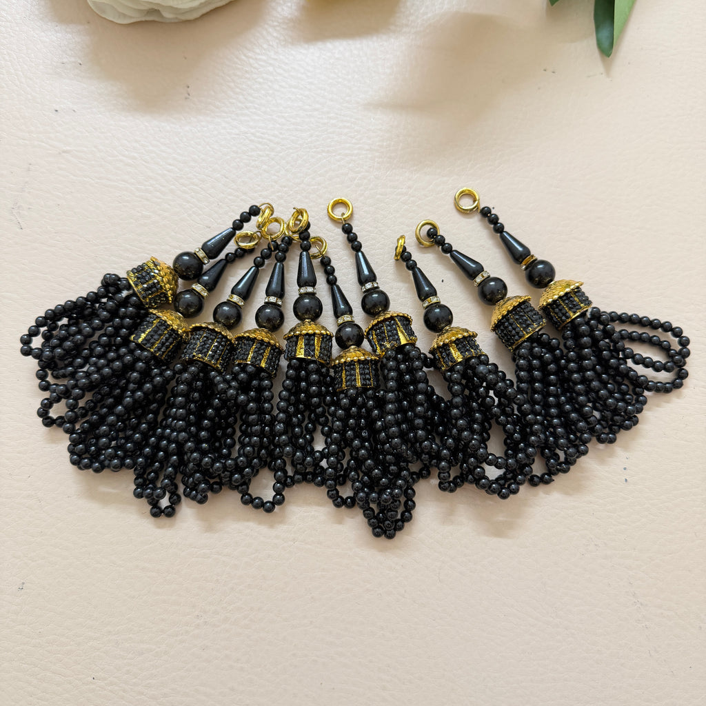 Black Round Bead Tassel Latkan with Gold Rhinestone Barrel Cap – Set of 10