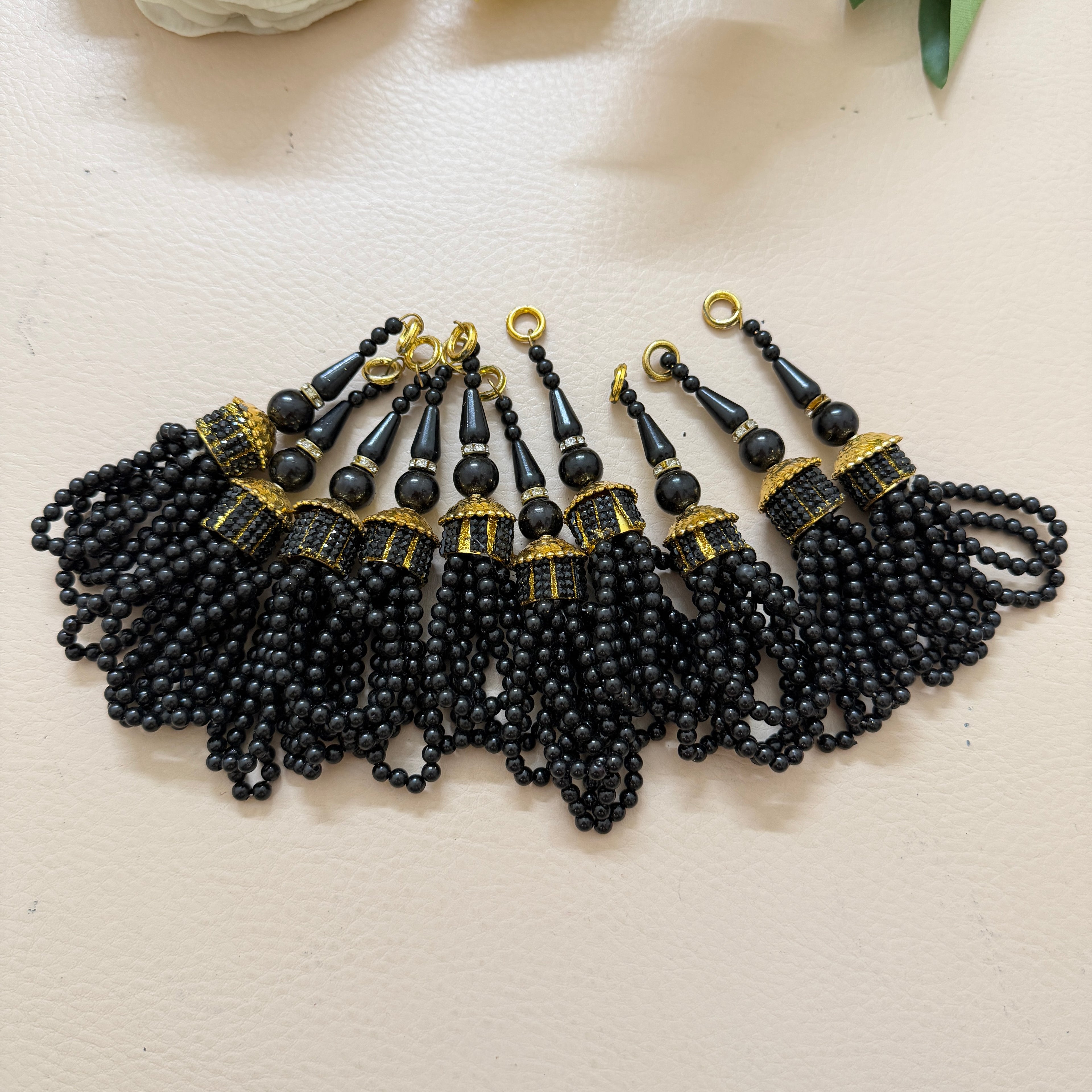 Black Round Bead Tassel Latkan with Gold Rhinestone Barrel Cap – Set of 10
