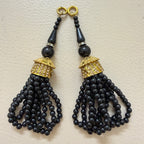 Black Round Bead Looped Tassel Latkan with Gold Pave Rhinestone Barrel Cap – Set of 10